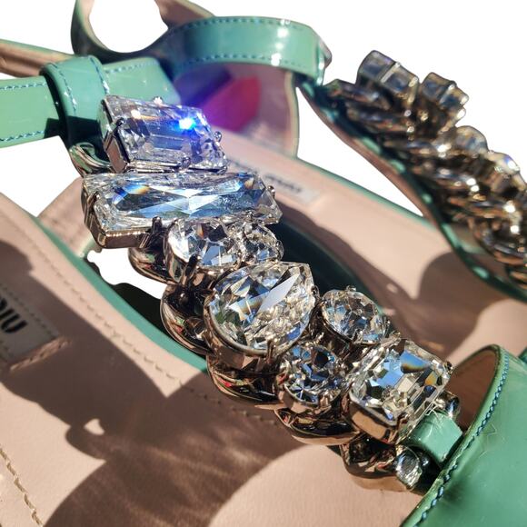 Miu Miu Green Patent Leather Crystal Platform Ankle Strap Sandals - Size 35 - Picture 4 of 9